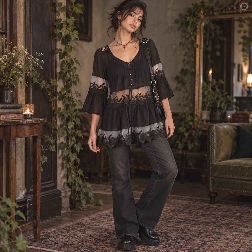 Black Whimsigoth Tunic Top Small Lace Trim Bell Sleeve Boho Witch Fairy Grunge
